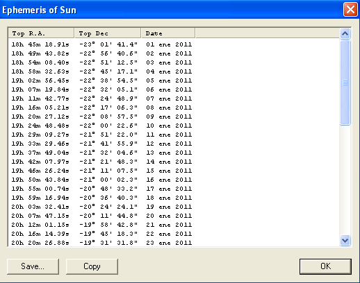 145 Figura 4.18 Software de Astronomía SkyMap Los datos generados por el SkyMap de ascensión recta y declinación tomados en intervalos de 1 día, se muestran en la Figura 4.19. Figura 4.19 Datos del Sol que genera el SkyMap Los datos de la figura 4.
