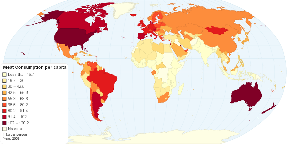 Mapa de Distribución del Consumo per Cápita de Carne por País a Nivel Mundial Año 2009 Fuente: chartbin.