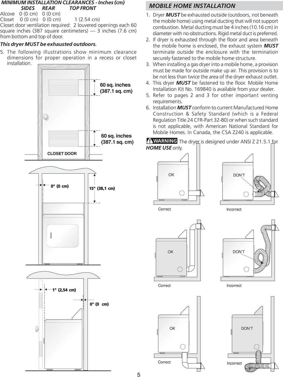The following illustrations show minimum clearance dimensions for proper operation in a recess or closet installation. CLOSET DOOR 60 sq. inches (387.1 sq. cm) 60 sq. inches (387.1 sq. cm) MOBILE HOME INSTALLATION 1.