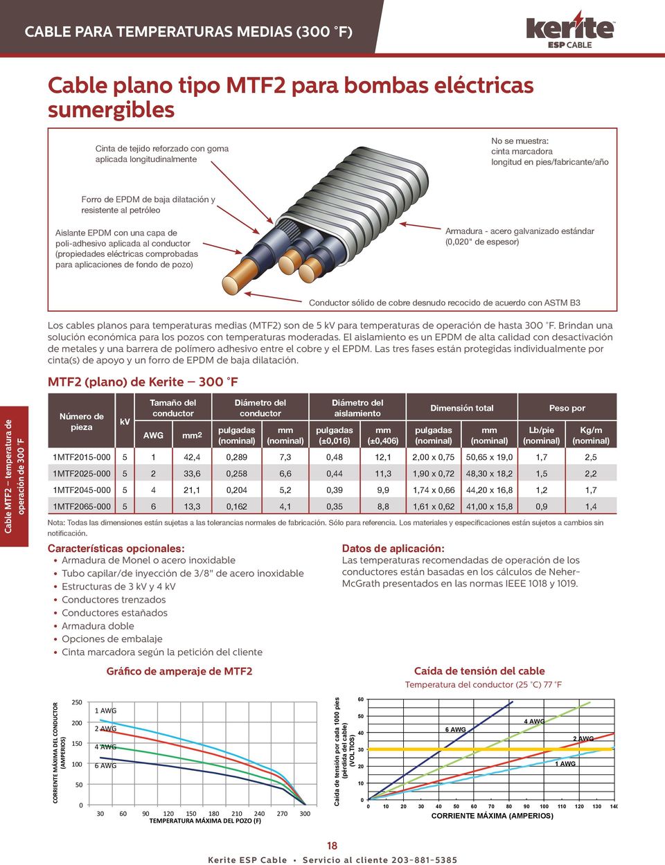 pozo) Armadura - acero galvanizado estándar (,2" de espesor) Los cables planos para temperaturas medias (MTF2) son de 5 kv para temperaturas de operación de hasta 3 F.