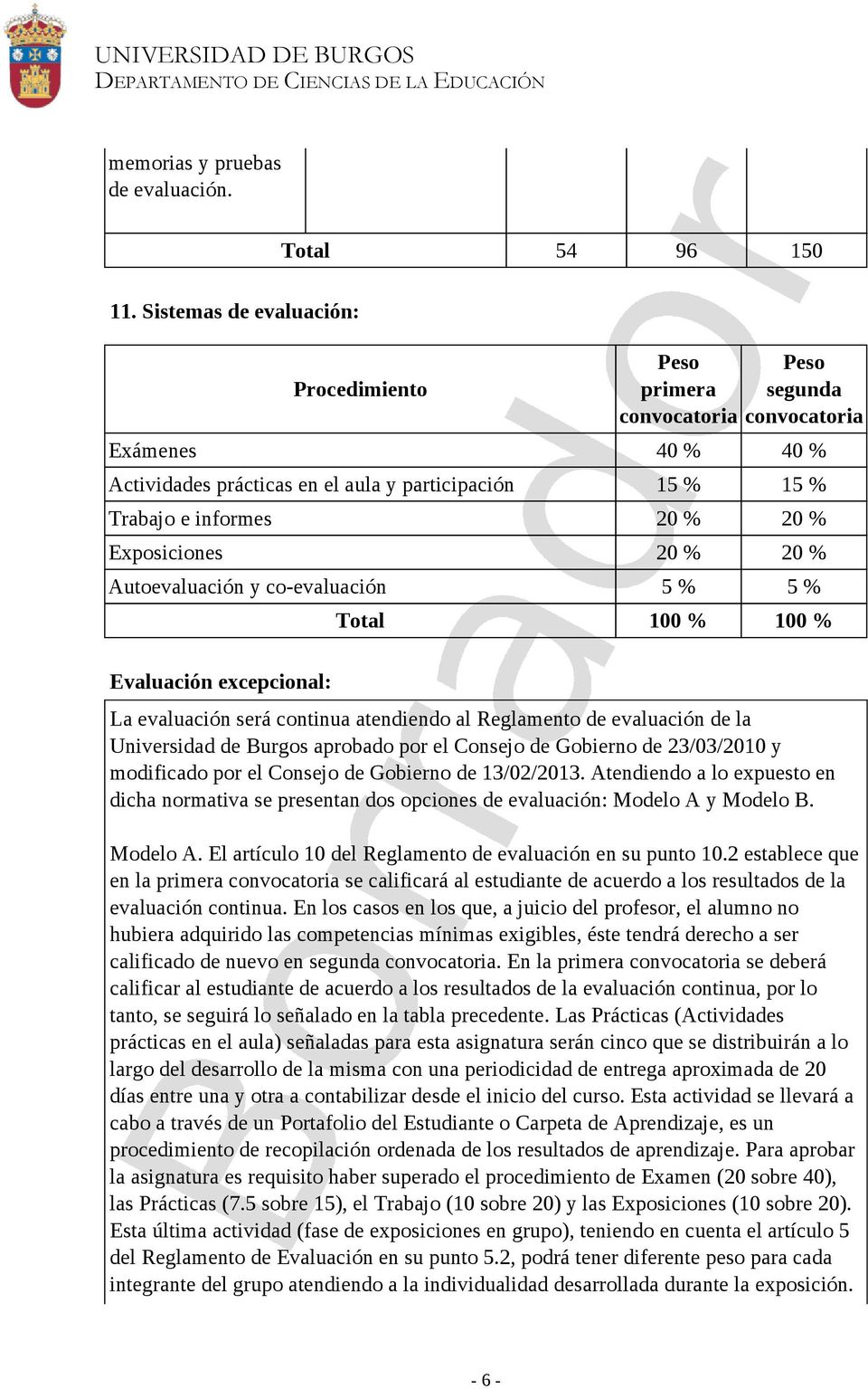 Exposiciones 20 % 20 % Autoevaluación y co-evaluación 5 % 5 % Total 100 % 100 % Evaluación excepcional: La evaluación será continua atendiendo al Reglamento de evaluación de la Universidad de Burgos