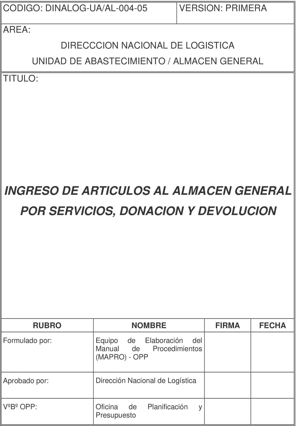 DONACION Y DEVOLUCION RUBRO NOMBRE FIRMA FECHA Formulado por: Equipo de Elaboración del Manual de