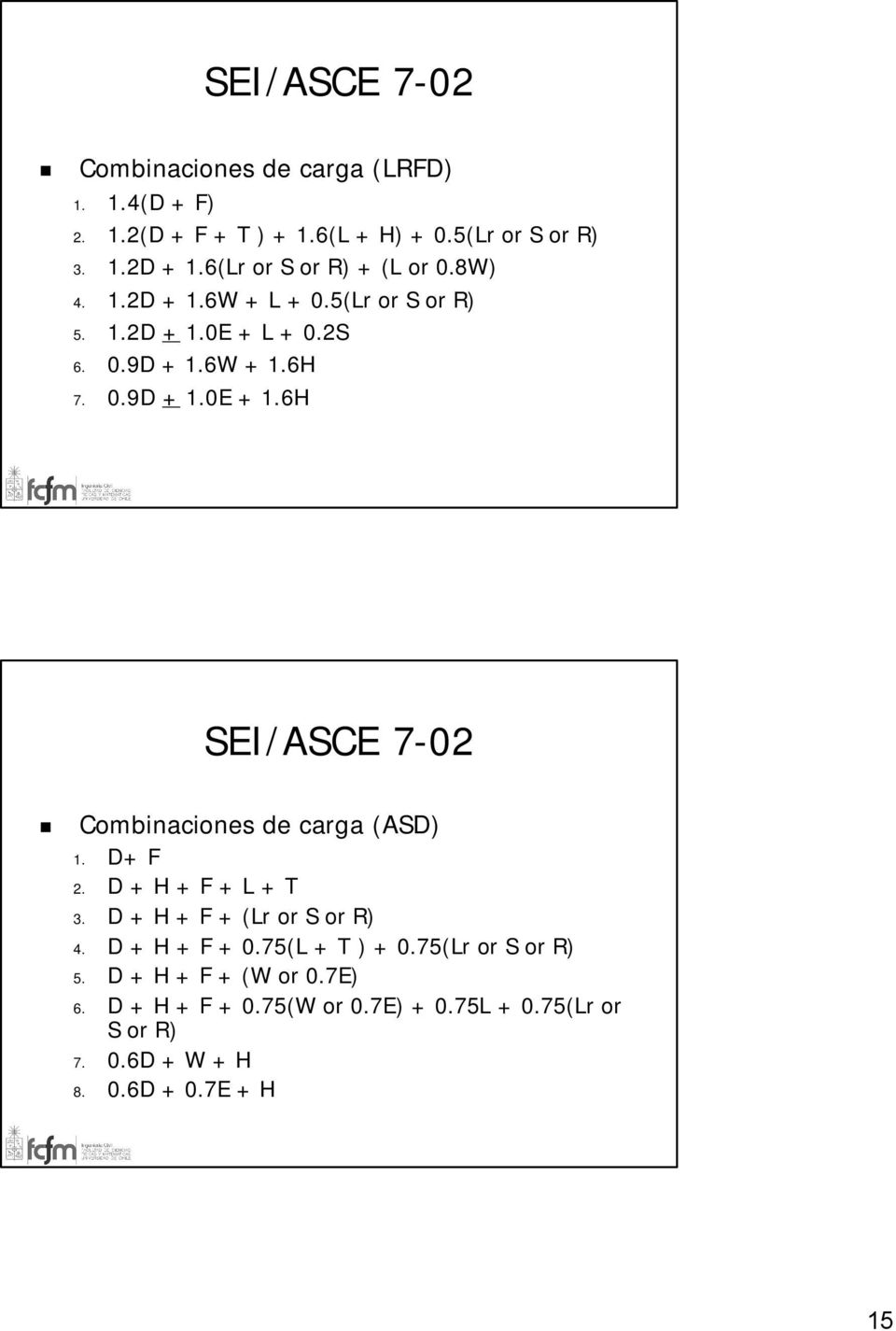 6H SEI/ASCE 7-027 Combinaciones de carga (ASD) 1. D+ F 2. D + H + F + L + T 3. D + H + F + (Lr or S or R) 4. D + H + F + 0.