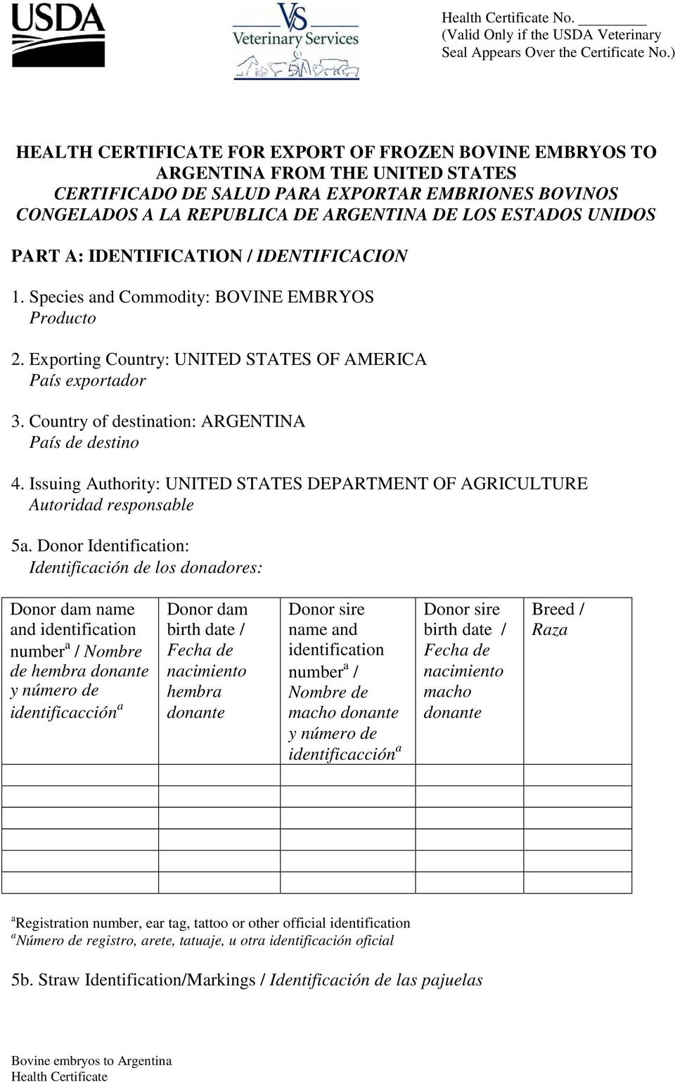 Country of destination: ARGENTINA País de destino 4. Issuing Authority: UNITED STATES DEPARTMENT OF AGRICULTURE Autoridad responsable 5a.