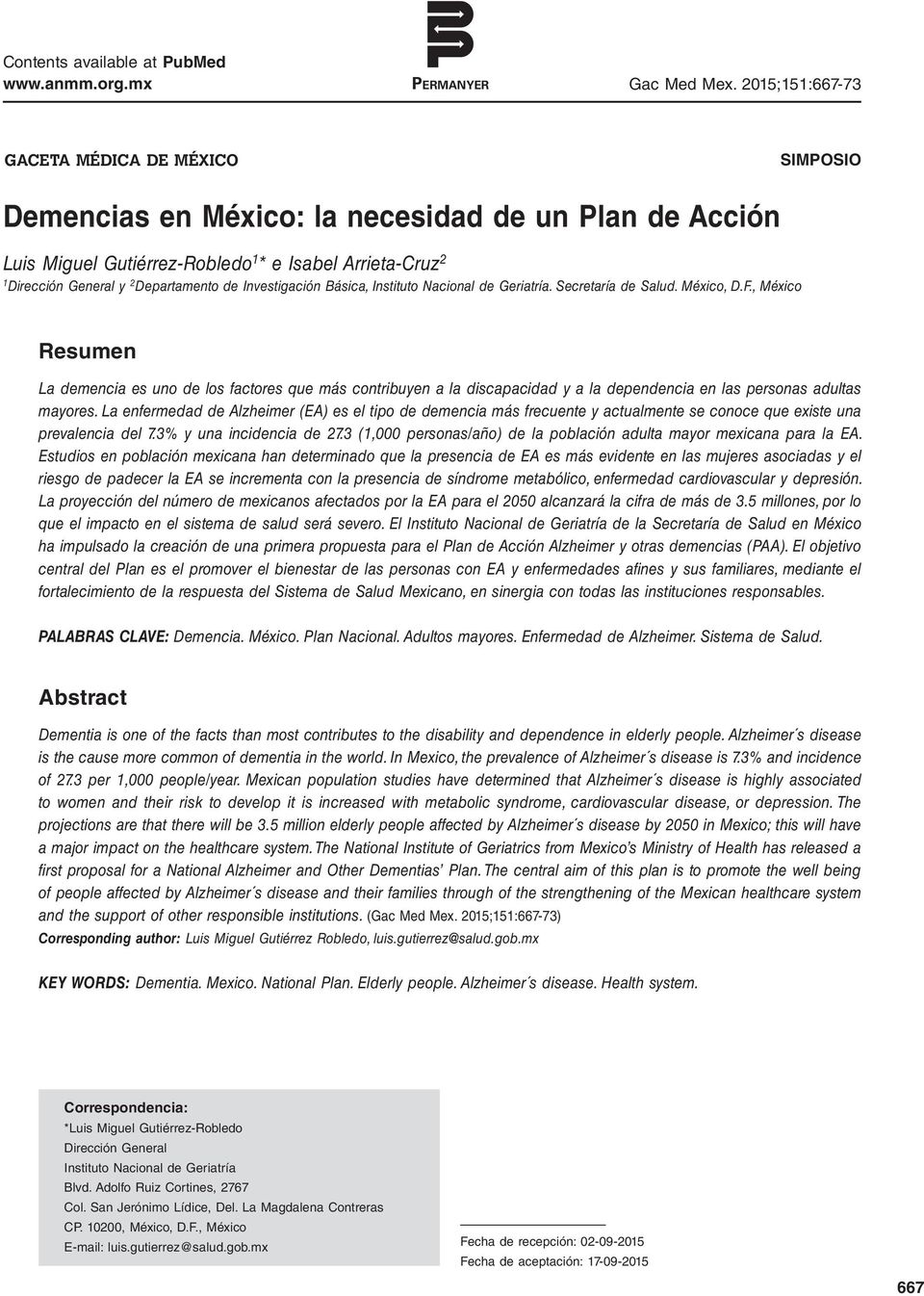 de Investigación Básica, Instituto Nacional de Geriatría. Secretaría de Salud. México, D.F.