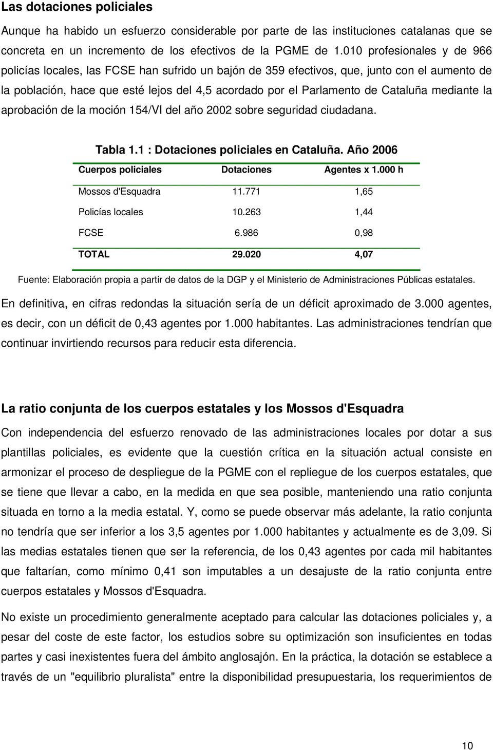 Cataluña mediante la aprobación de la moción 154/VI del año 2002 sobre seguridad ciudadana. Tabla 1.1 : Dotaciones policiales en Cataluña. Año 2006 Cuerpos policiales Dotaciones Agentes x 1.