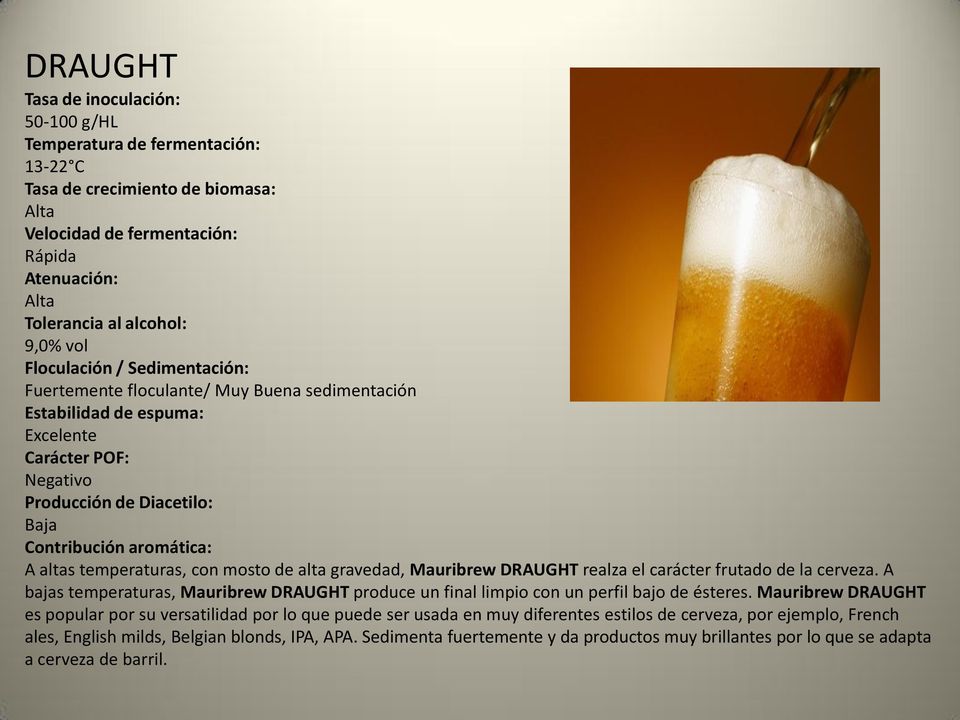 temperaturas, con mosto de alta gravedad, Mauribrew DRAUGHT realza el carácter frutado de la cerveza. A bajas temperaturas, Mauribrew DRAUGHT produce un final limpio con un perfil bajo de ésteres.