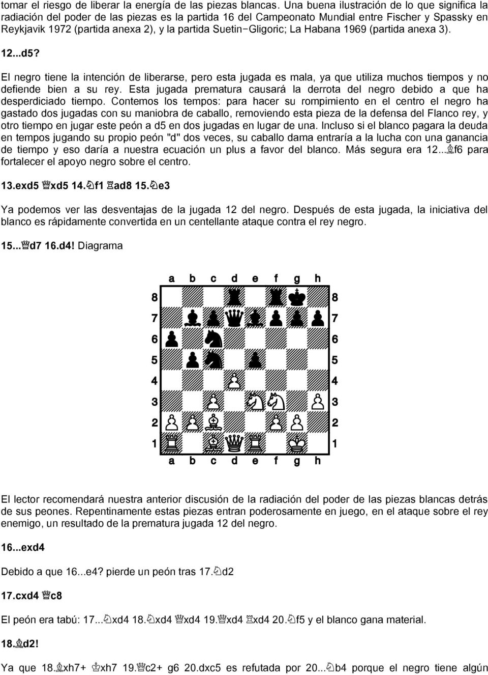 Suetin-Gligoric; La Habana 1969 (partida anexa 3). 12...d5? El negro tiene la intención de liberarse, pero esta jugada es mala, ya que utiliza muchos tiempos y no defiende bien a su rey.