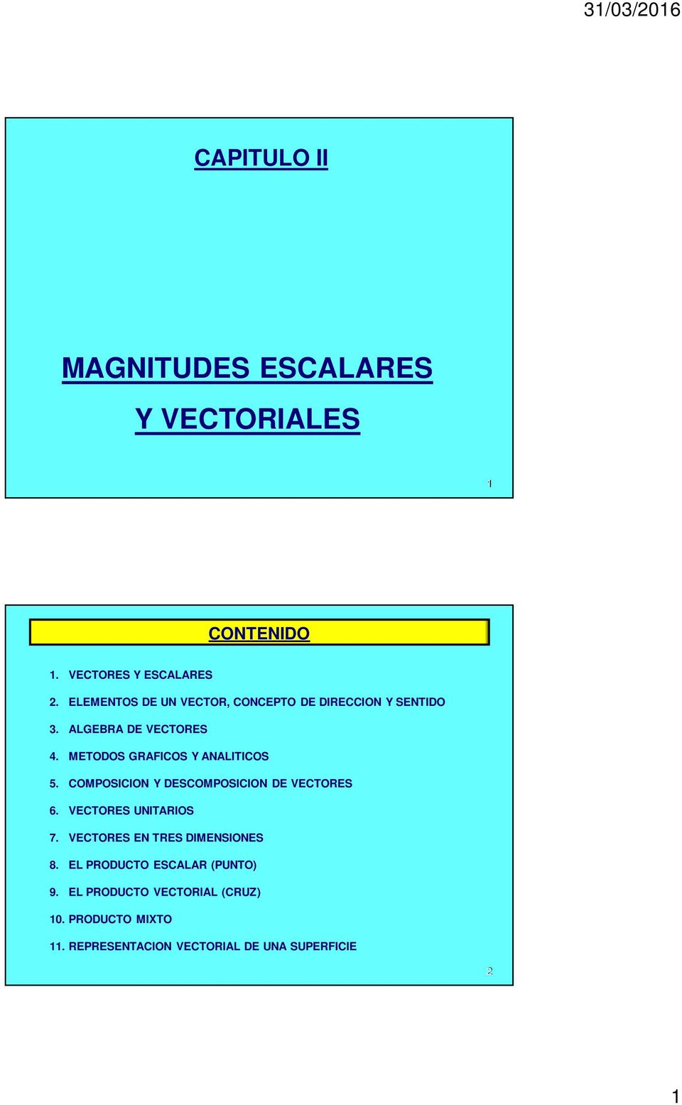 METODOS GRFICOS Y NLITICOS 5. COMPOSICION Y DESCOMPOSICION DE VECTORES 6. VECTORES UNITRIOS 7.