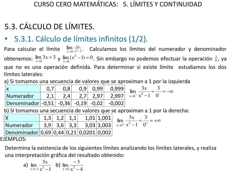 Pr determinr si eiste límite estudimos los dos límites lterles: Si tommos un secuenci de vlores que se proimn 1 por l izquierd,7,8,9,99,999 Numerdor,1,4,7,97,997 1 1