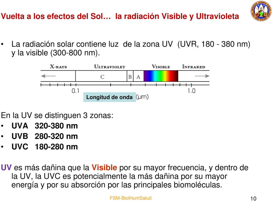 Longitud de onda En la UV se distinguen 3 zonas: UVA 320-380 nm UVB 280-320 nm UVC 180-280 nm UV es más dañina