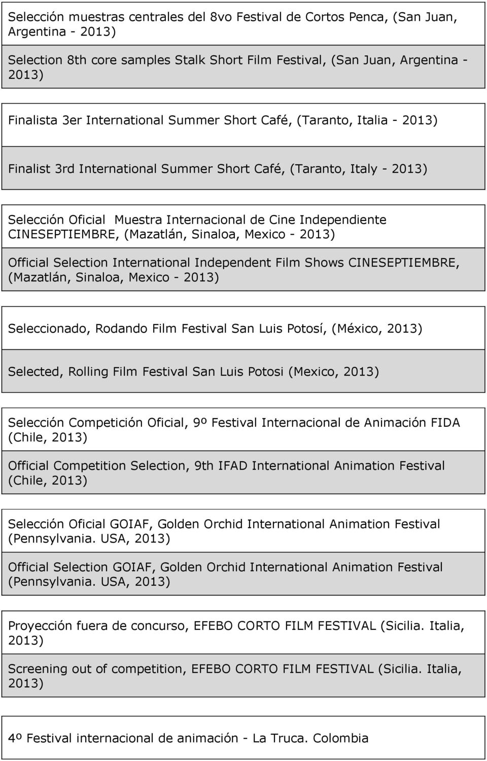 - Official Selection International Independent Film Shows CINESEPTIEMBRE, (Mazatlán, Sinaloa, Mexico - Seleccionado, Rodando Film Festival San Luis Potosí, (México, Selected, Rolling Film Festival