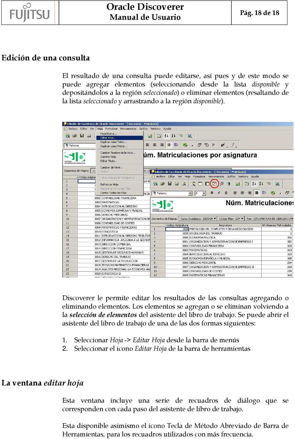 Discoverer le permite editar los resultados de las consultas agregando o eliminando elementos.