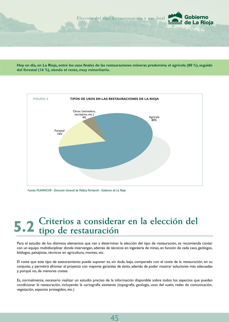 ) 4% Agrícola 80% Forestal 16% Fuente: PLAMINCAR - Dirección General de Política Territorial - Gobierno de La Rioja Criterios a considerar en la elección del 5.