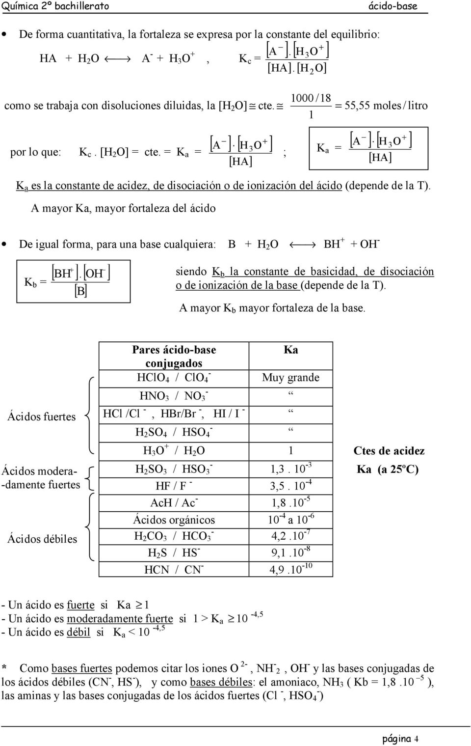 [ H O] ; 2 1000 /18 = 55,55 moles / litro 1 K a es la constante de acidez, de disociación o de ionización del ácido (depende de la T).