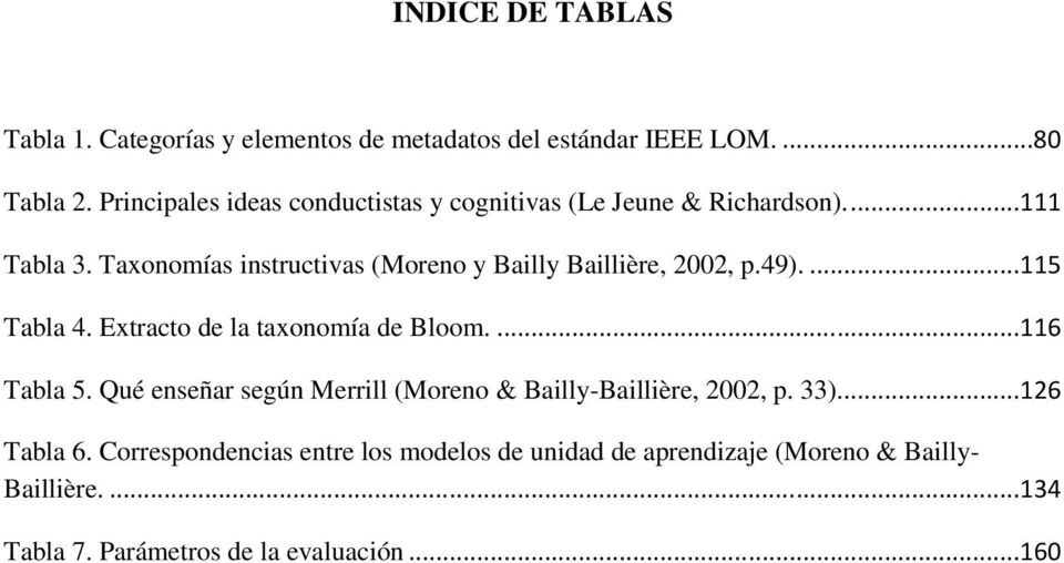 Taxonomías instructivas (Moreno y Bailly Baillière, 2002, p.49)....115 Tabla 4. Extracto de la taxonomía de Bloom....116 Tabla 5.