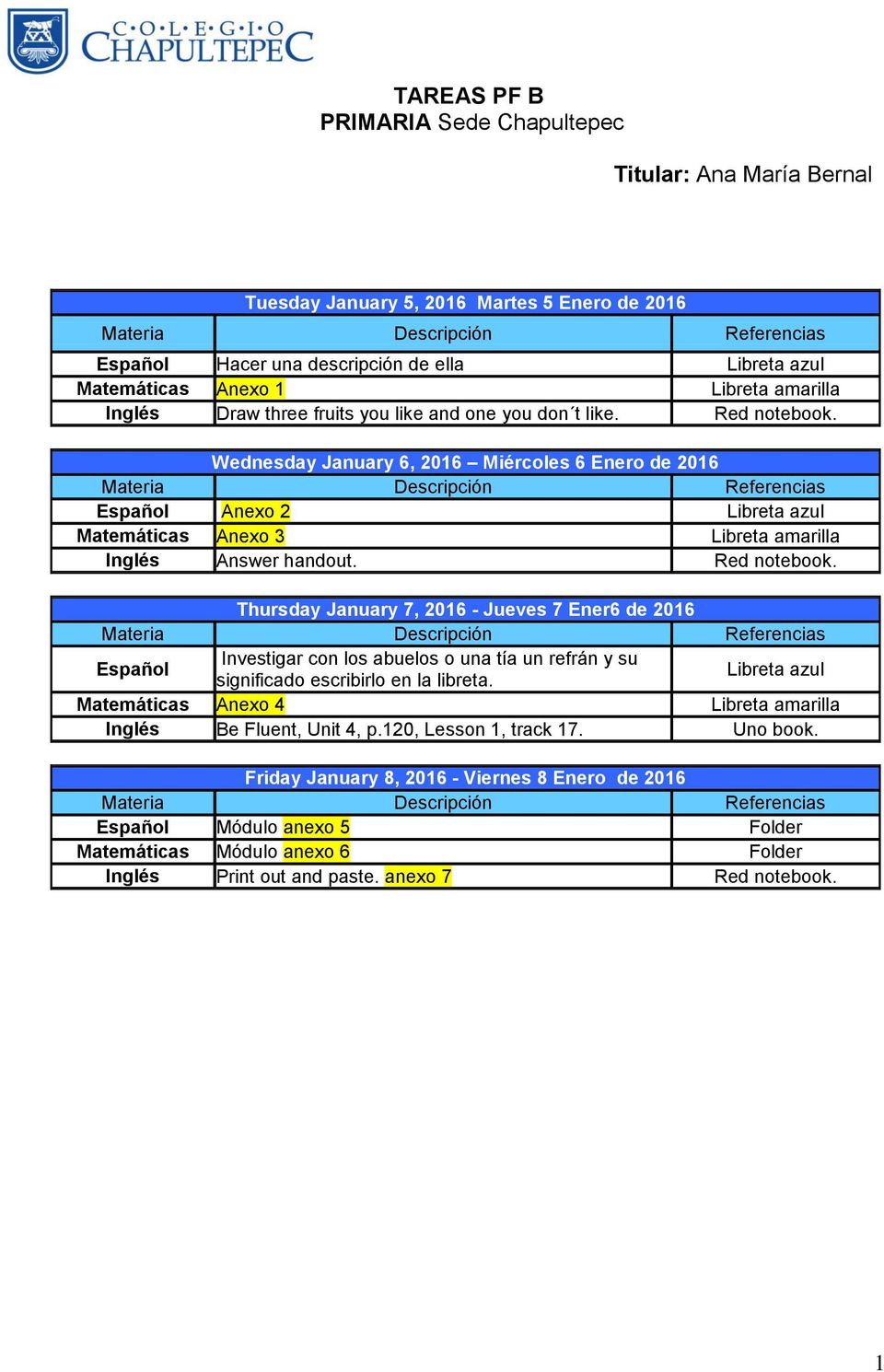 Wednesday January 6, 2016 Miércoles 6 Enero de 2016 Materia Descripción Referencias Español Anexo 2 Libreta azul Matemáticas Anexo 3 Libreta amarilla Inglés Answer handout. Red notebook.