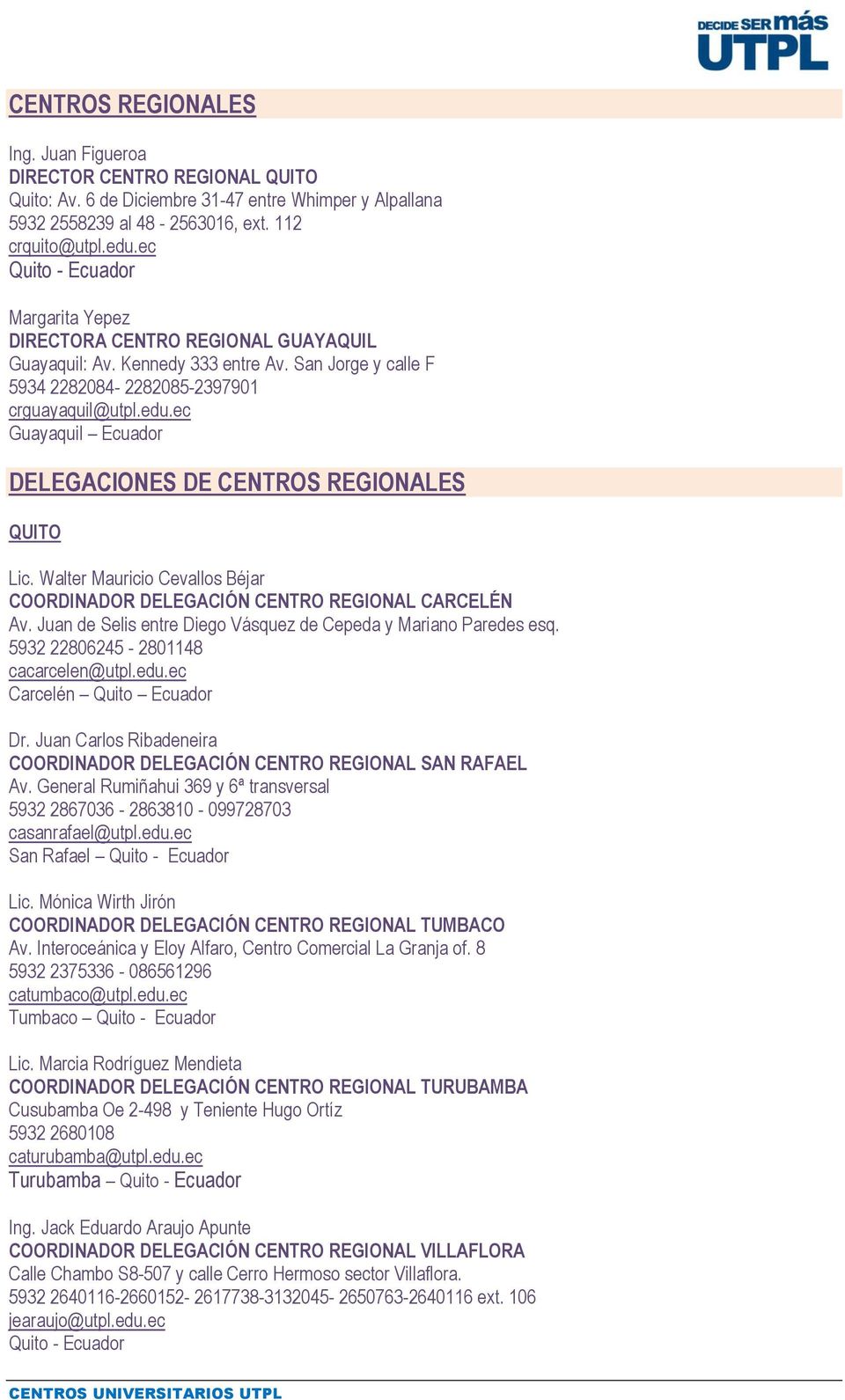 ec Guayaquil Ecuador DELEGACIONES DE CENTROS REGIONALES QUITO Lic. Walter Mauricio Cevallos Béjar COORDINADOR DELEGACIÓN CENTRO REGIONAL CARCELÉN Av.