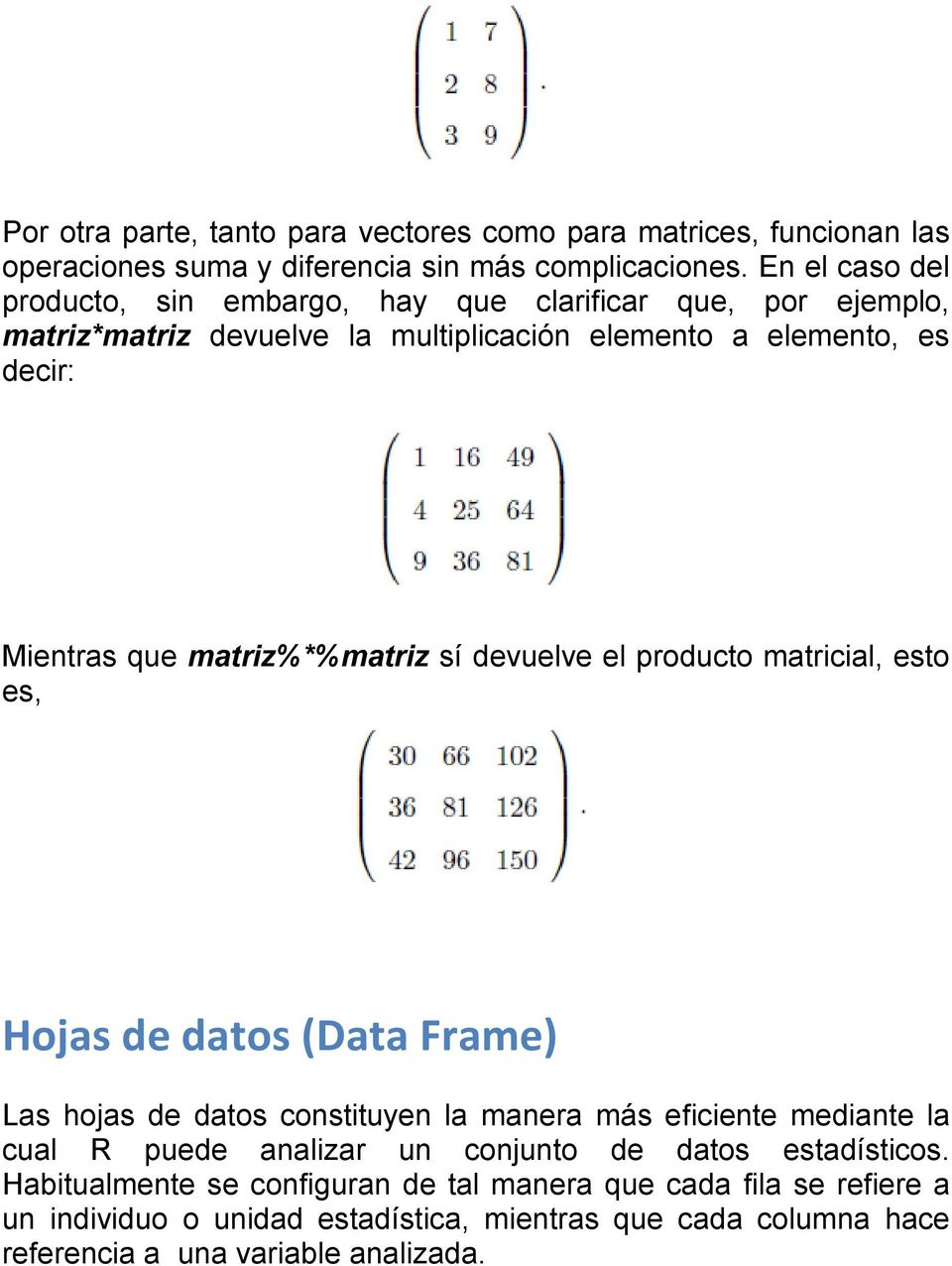 matriz%*%matriz sí devuelve el producto matricial, esto es, Hojas de datos (Data Frame) Las hojas de datos constituyen la manera más eficiente mediante la cual R