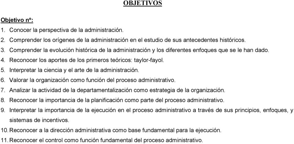 Interpretar la ciencia y el arte de la administración. 6. Valorar la organización como función del proceso administrativo. 7.