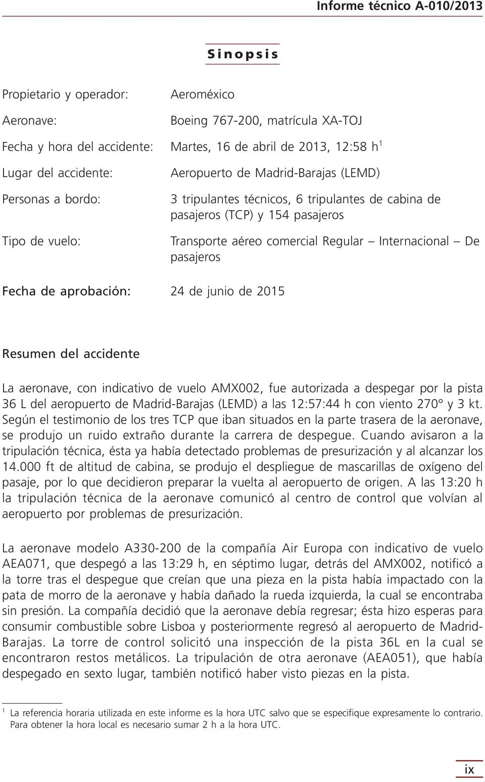 Fecha de aprobación: 24 de junio de 2015 Resumen del accidente La aeronave, con indicativo de vuelo AMX002, fue autorizada a despegar por la pista 36 L del aeropuerto de Madrid-Barajas (LEMD) a las