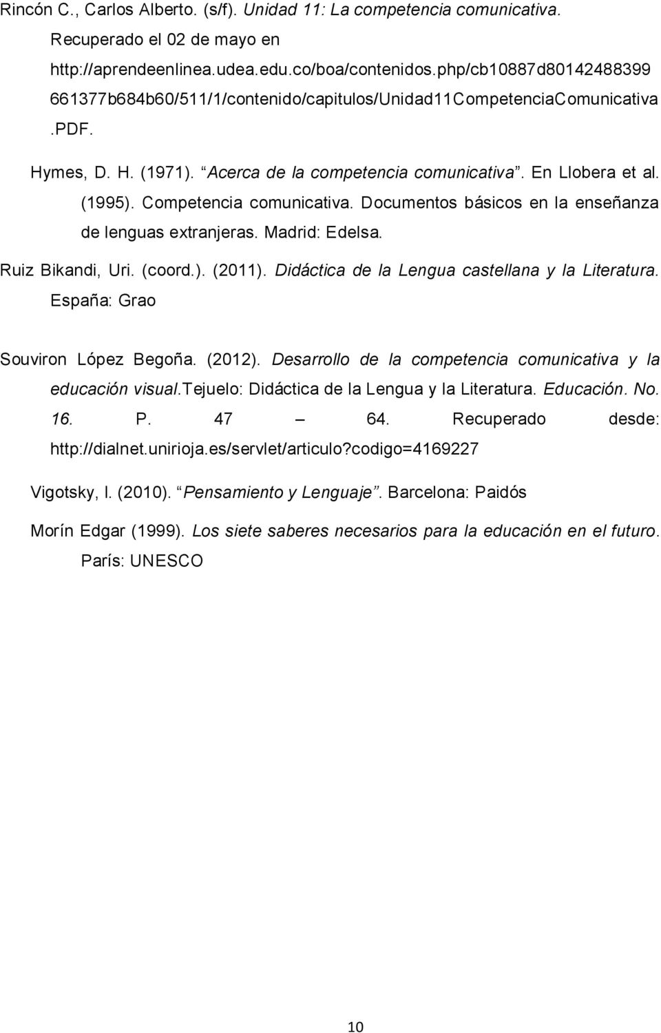 Competencia comunicativa. Documentos básicos en la enseñanza de lenguas extranjeras. Madrid: Edelsa. Ruiz Bikandi, Uri. (coord.). (2011). Didáctica de la Lengua castellana y la Literatura.