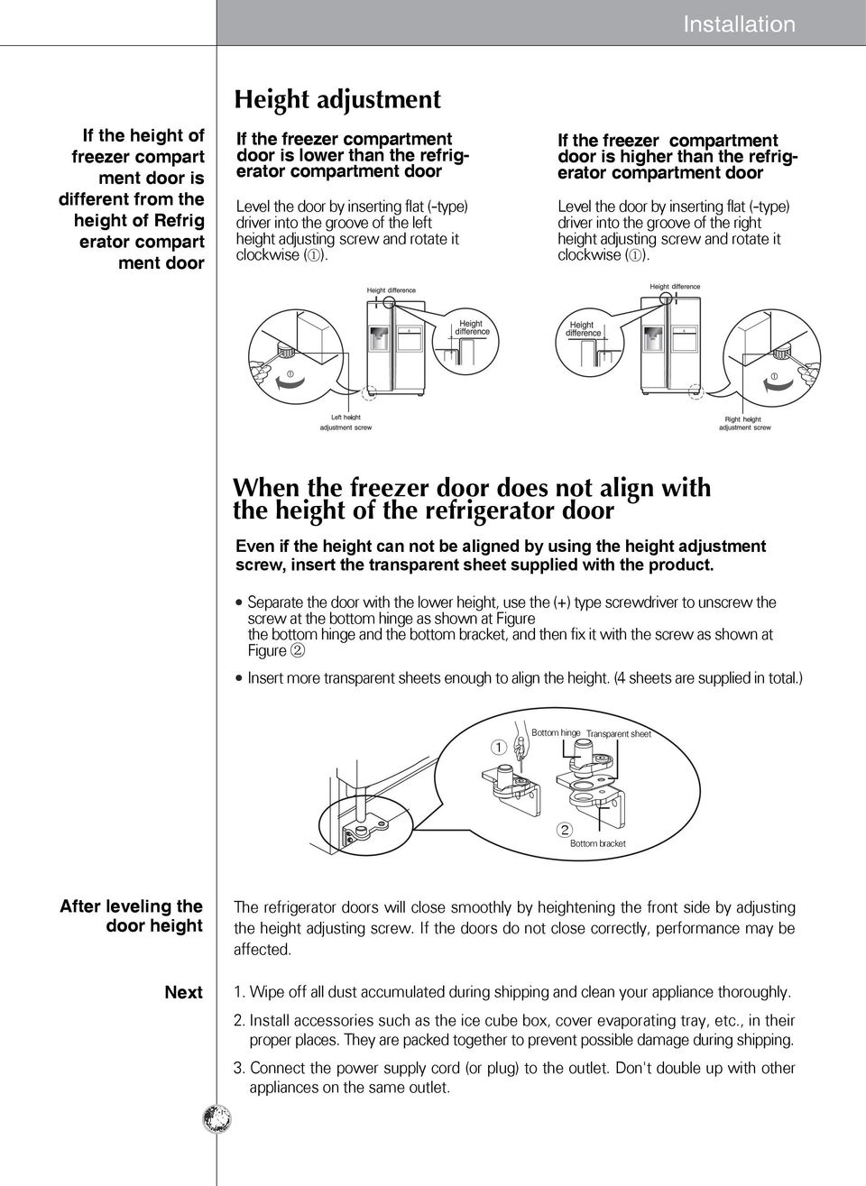 If the freezer compartment door is higher than the refrigerator compartment door Level the door by inserting flat (-type) driver into the groove of the right height adjusting screw and rotate it
