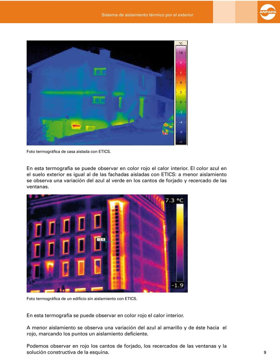 las ventanas. Foto termográfica de un edificio sin aislamiento con ETICS. En esta termografía se puede observar en color rojo el calor interior.