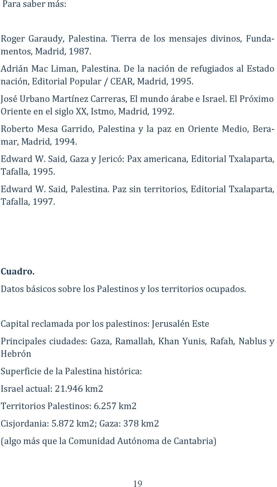 Roberto Mesa Garrido, Palestina y la paz en Oriente Medio, Beramar, Madrid, 1994. Edward W. Said, Gaza y Jericó: Pax americana, Editorial Txalaparta, Tafalla, 1995. Edward W. Said, Palestina.