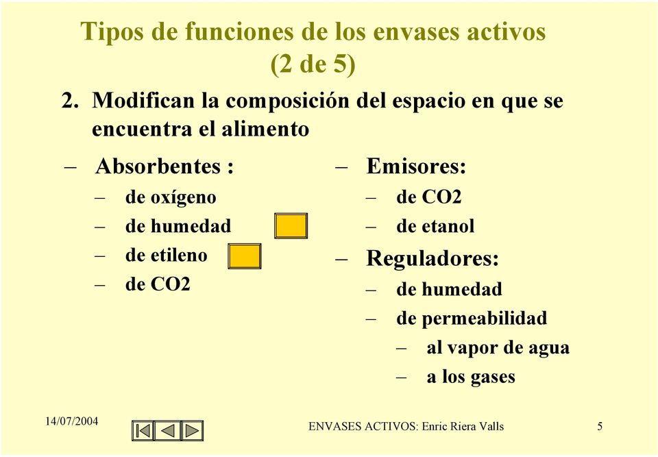 Absorbentes : de oxígeno de humedad de etileno de CO2 Emisores: de CO2 de