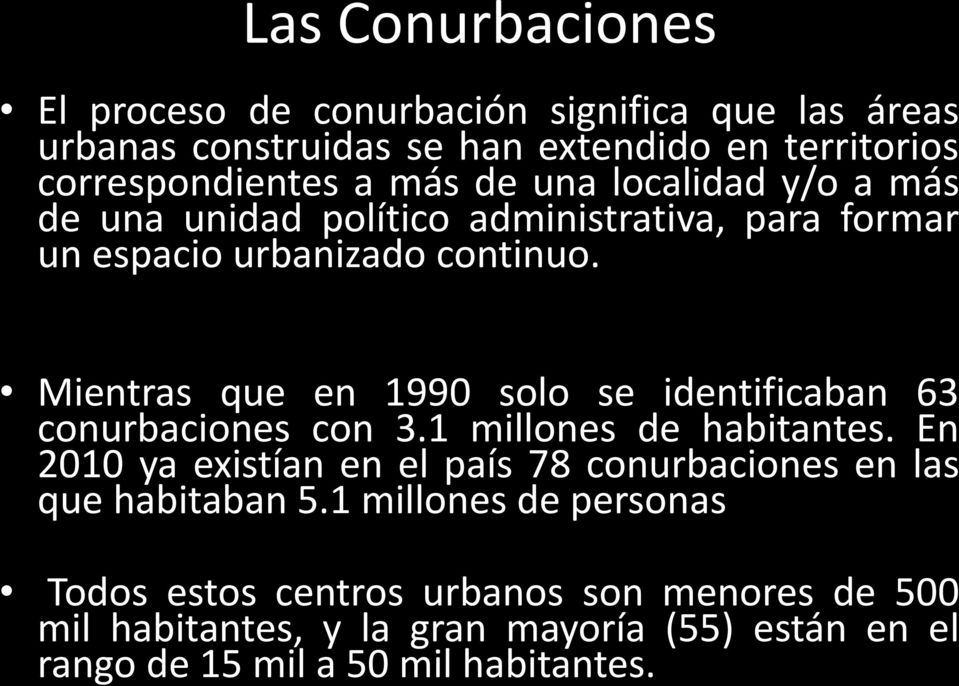Mientras que en 1990 solo se identificaban 63 conurbaciones con 3.1 millones de habitantes.