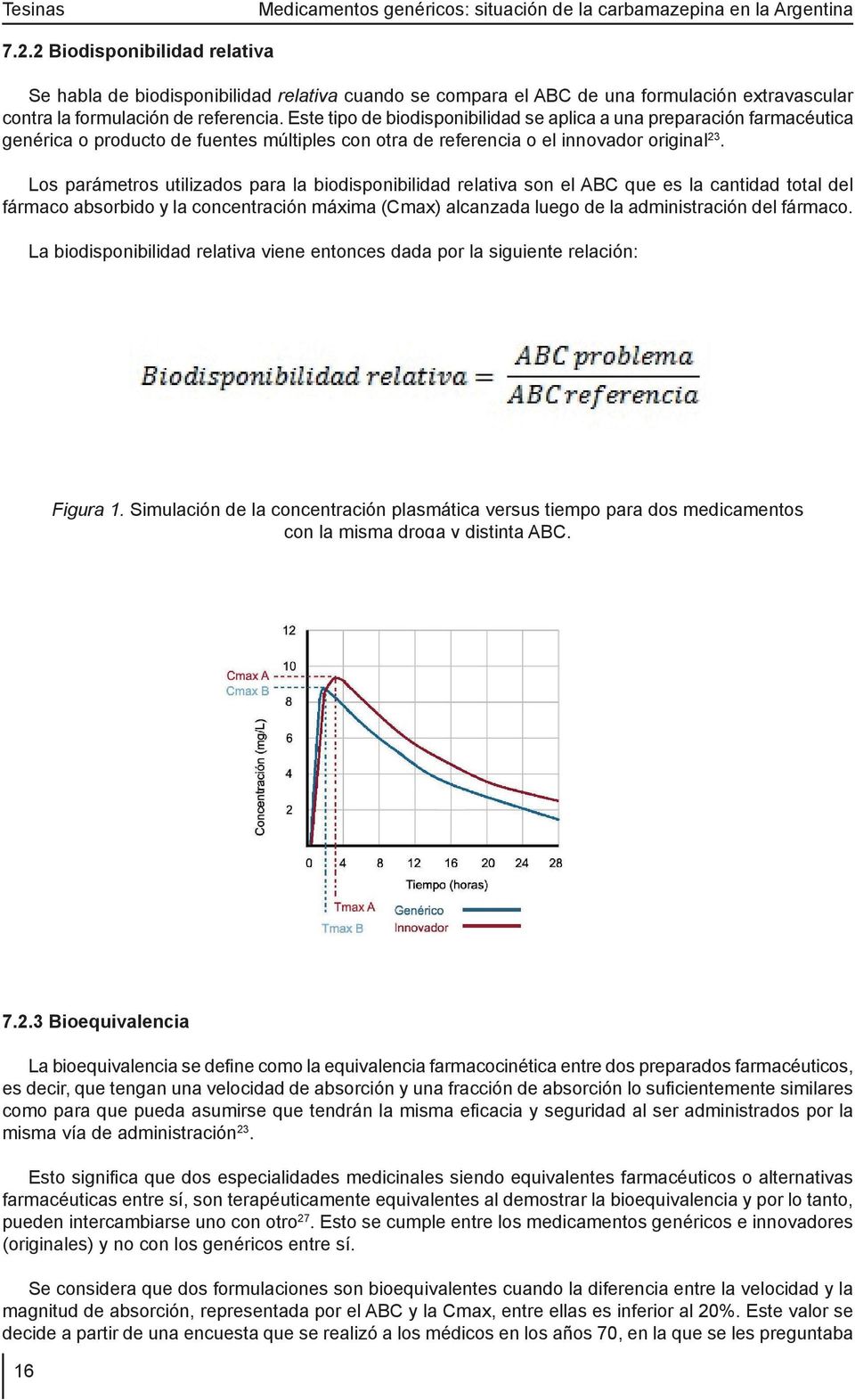 Los parámetros utilizados para la biodisponibilidad relativa son el ABC que es la cantidad total del fármaco absorbido y la concentración máxima (Cmax) alcanzada luego de la administración del