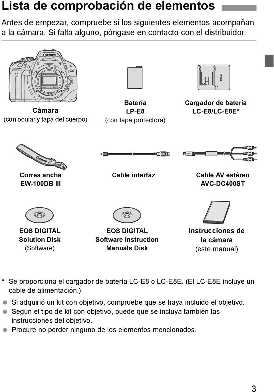 Dis (Software) EOS DIGITAL Software Instruction Manuals Dis Instrucciones de la cámara (este manual) * Se proporciona el cargador de batería LC-E8 o LC-E8E.