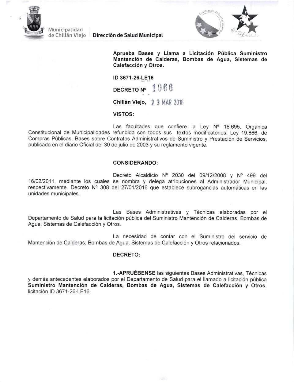 695, Orgánica Constitucional de Municipalidades refundida con todos sus textos modificatorios. Ley 19.