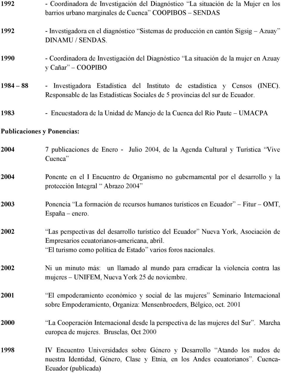 1990 - Coordinadora de Investigación del Diagnóstico La situación de la mujer en Azuay y Cañar COOPIBO 1984 88 - Investigadora Estadística del Instituto de estadística y Censos (INEC).