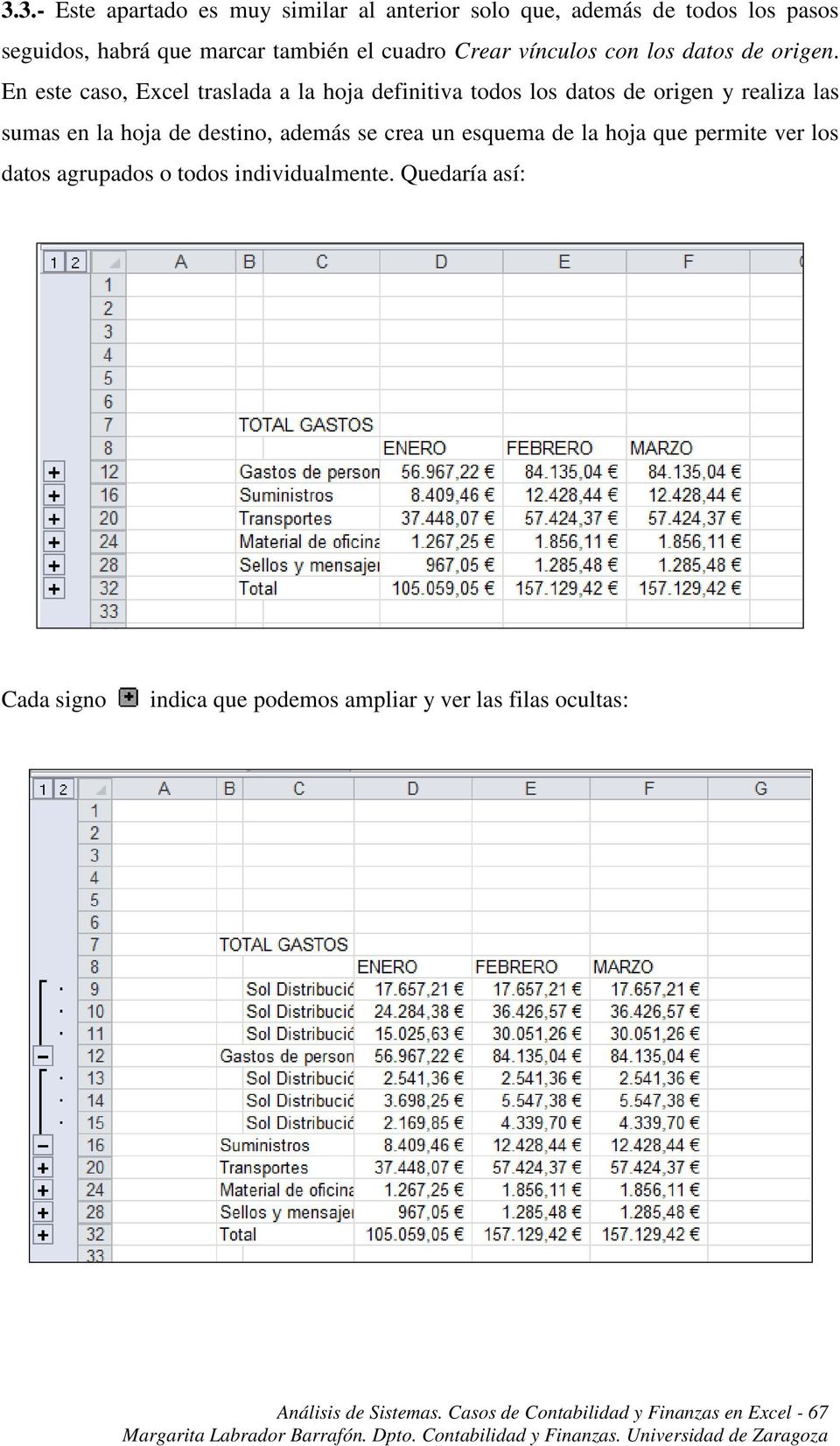 En este caso, Excel traslada a la hoja definitiva todos los datos de origen y realiza las sumas en la hoja de destino, además se