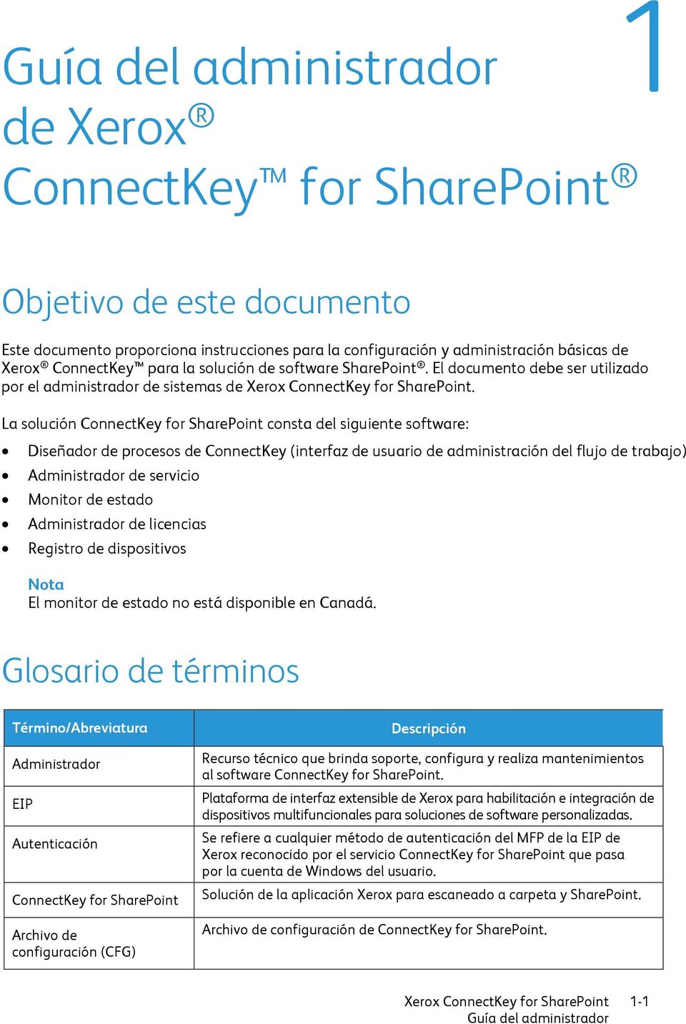 La solución ConnectKey for SharePoint consta del siguiente software: Diseñador de procesos de ConnectKey (interfaz de usuario de administración del flujo de trabajo) Administrador de servicio Monitor