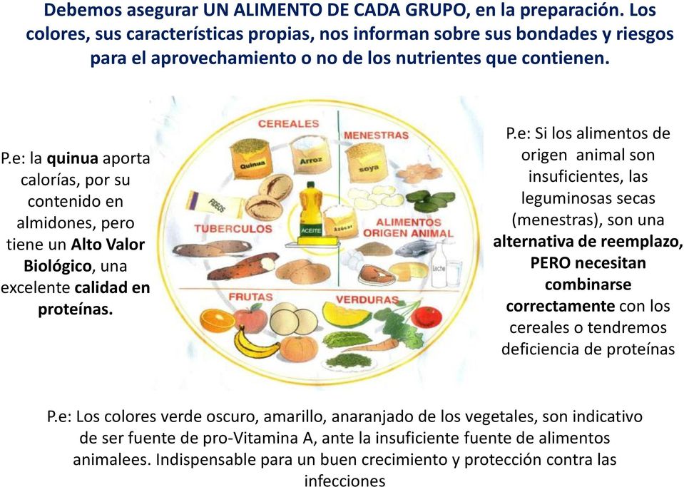 e: la quinua aporta calorías, por su contenido en almidones, pero tiene un Alto Valor Biológico, una excelente calidad en proteínas. P.