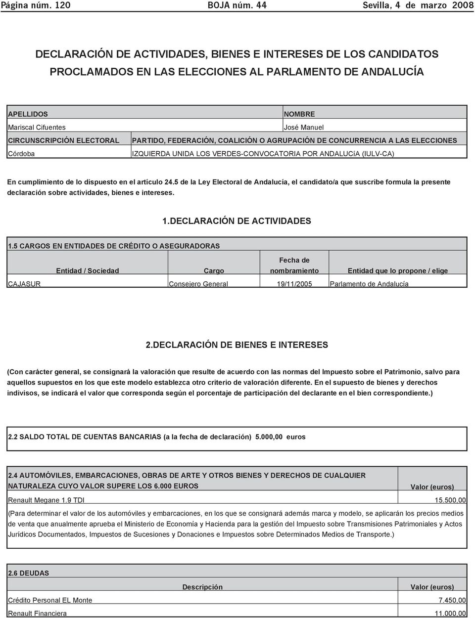 2 SALDO TOTAL DE CUENTAS BANCARIAS (a la fecha de declaración) 5.000,00 euros 2.4 AUTOMÓVILES, EMBARCACIONES, OBRAS DE ARTE Y OTROS BIENES Y DERECHOS DE CUALQUIER NATURALEZA CUYO VALOR SUPERE LOS 6.