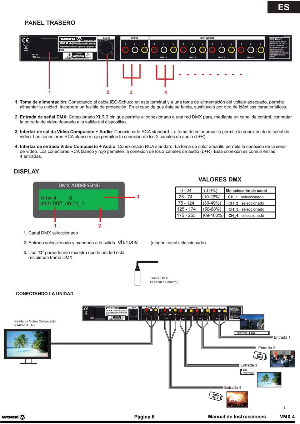Entrada de señal DMX: Conexionado XLR 3 pin que permite el conexionado a una red DMX para, mediante un canal de control, conmutar la entrada de video deseado a la salida del dispositivo. 3. Interfaz de salida Video Compuesto + Audio: Conexionado RCA standard.