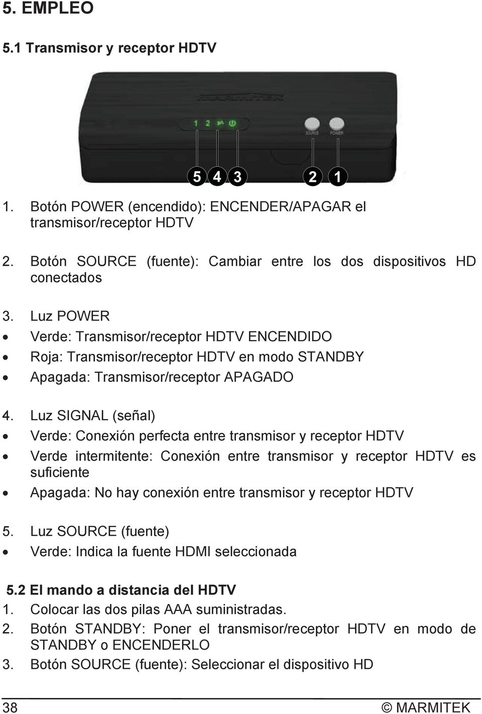 Luz SIGNAL (señal) Verde: Conexión perfecta entre transmisor y receptor HDTV Verde intermitente: Conexión entre transmisor y receptor HDTV es suficiente Apagada: No hay conexión entre transmisor y