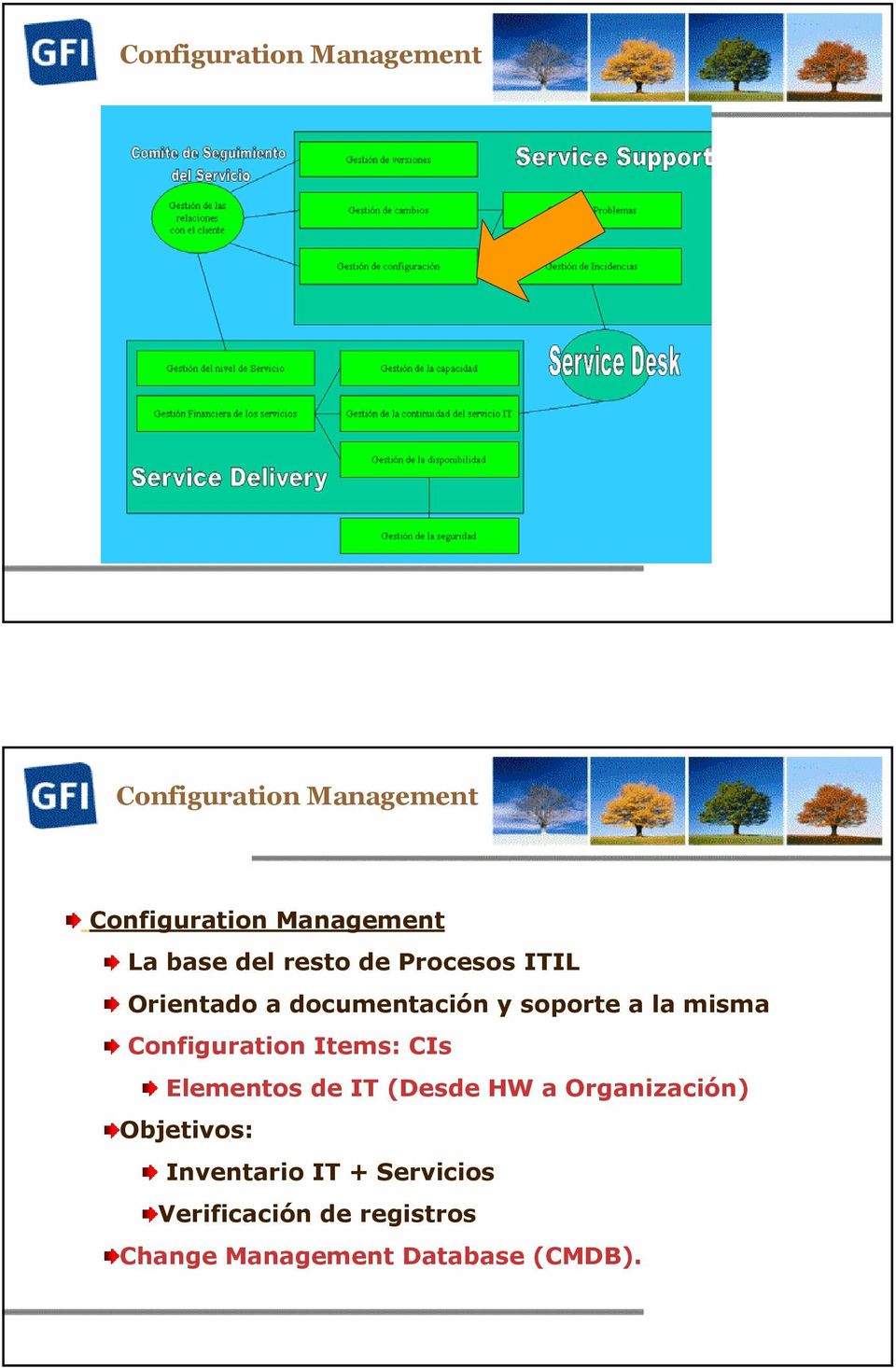 Configuration Items: CIs Elementos de IT (Desde HW a Organización) Objetivos: