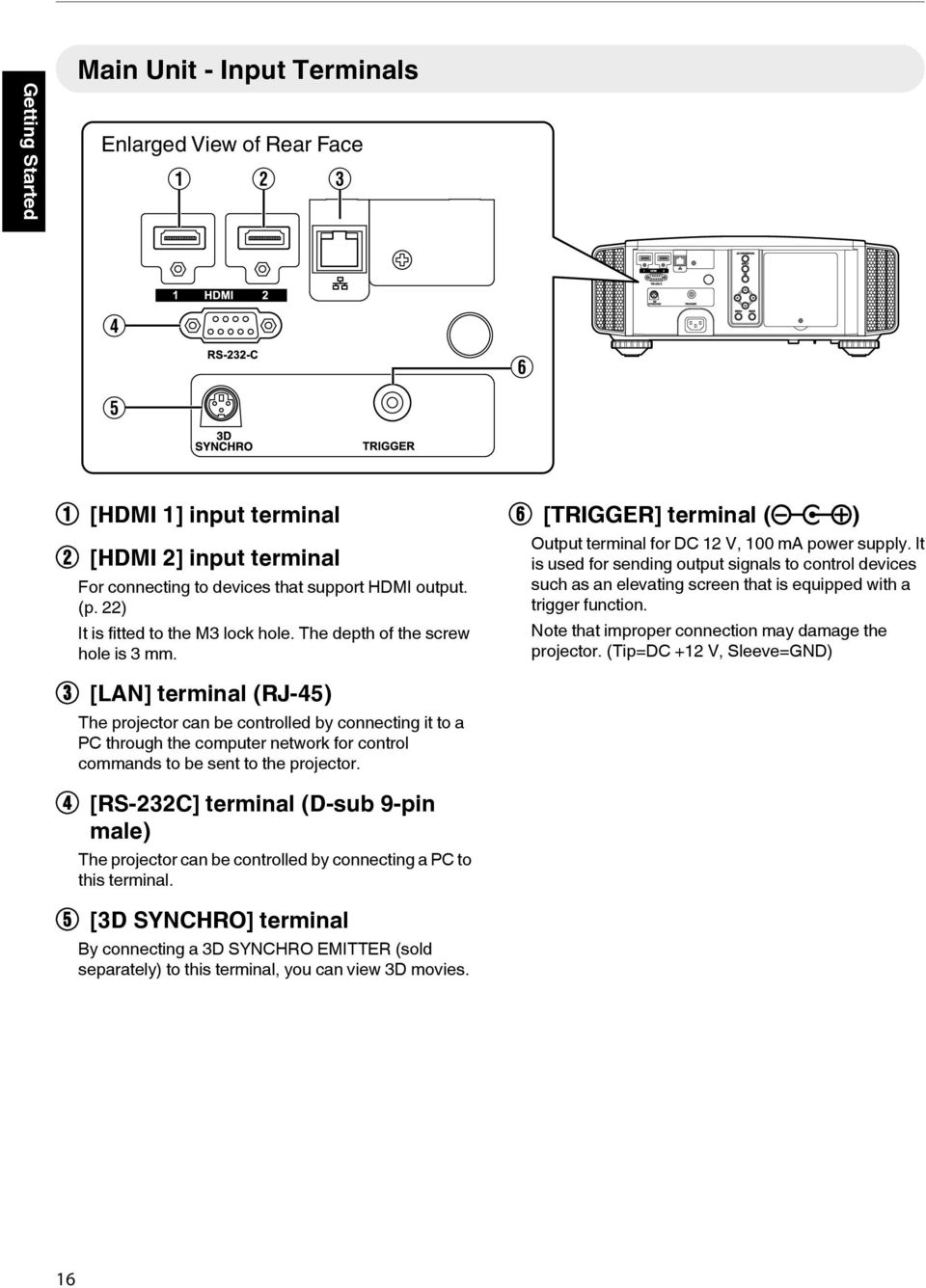as an elevating screen that is equipped with a trigger function Note that improper connection may damage the projector (Tip=DC +12 V, Sleeve=GND) C [LAN] terminal (RJ-45) The projector can be
