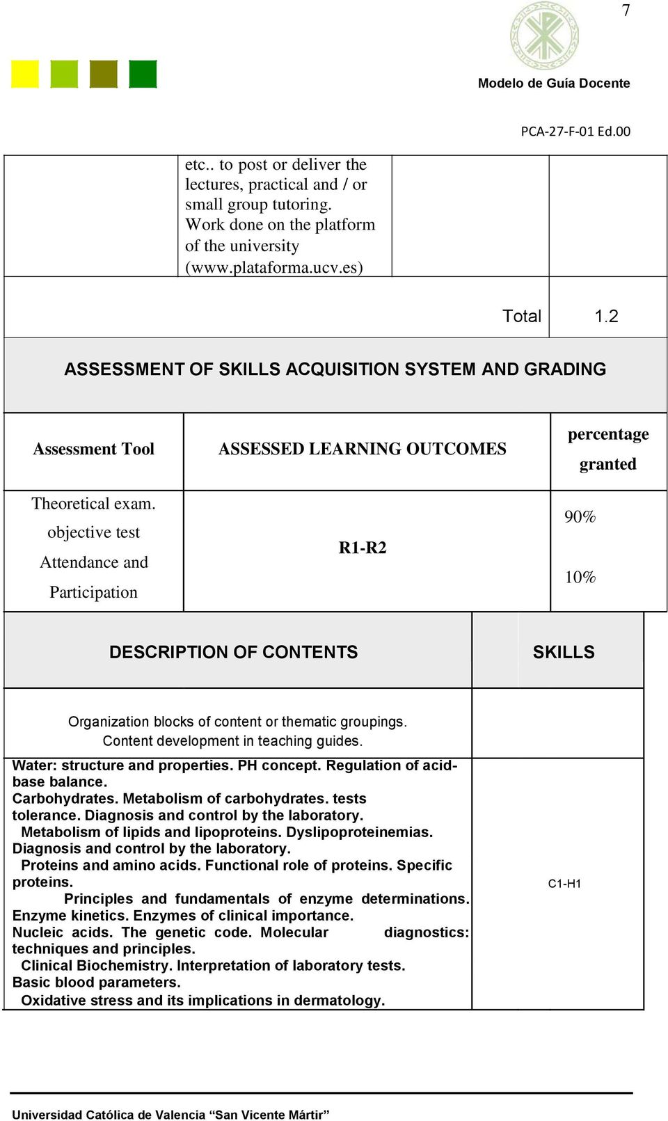 objective test Attendance and Participation ASSESSED LEARNING OUTCOMES R-R2 percentage granted 90% 0% DESCRIPTION OF CONTENTS SKILLS Organization blocks of content or thematic groupings.