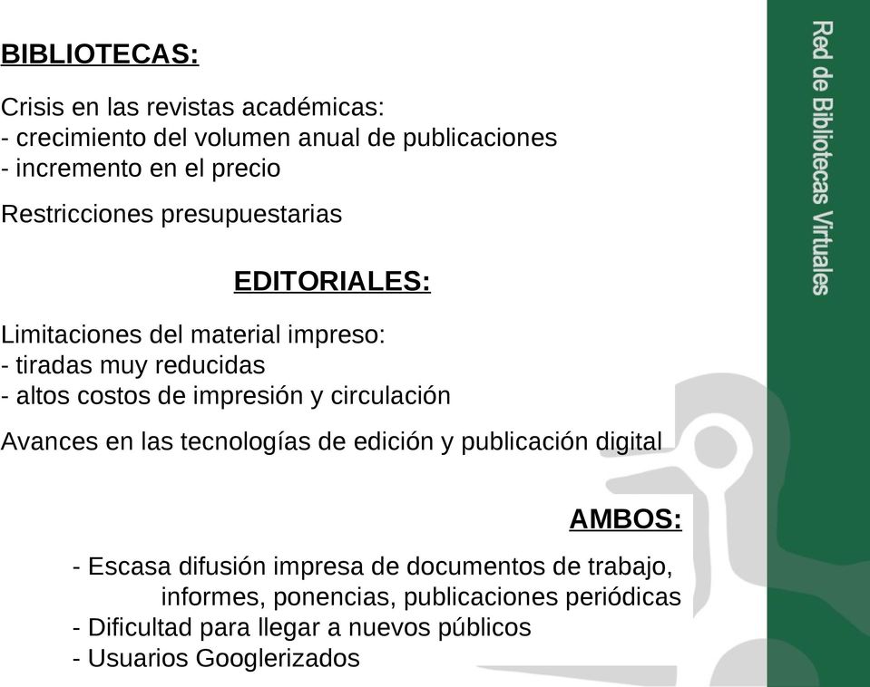 impresión y circulación Avances en las tecnologías de edición y publicación digital AMBOS: - Escasa difusión impresa de