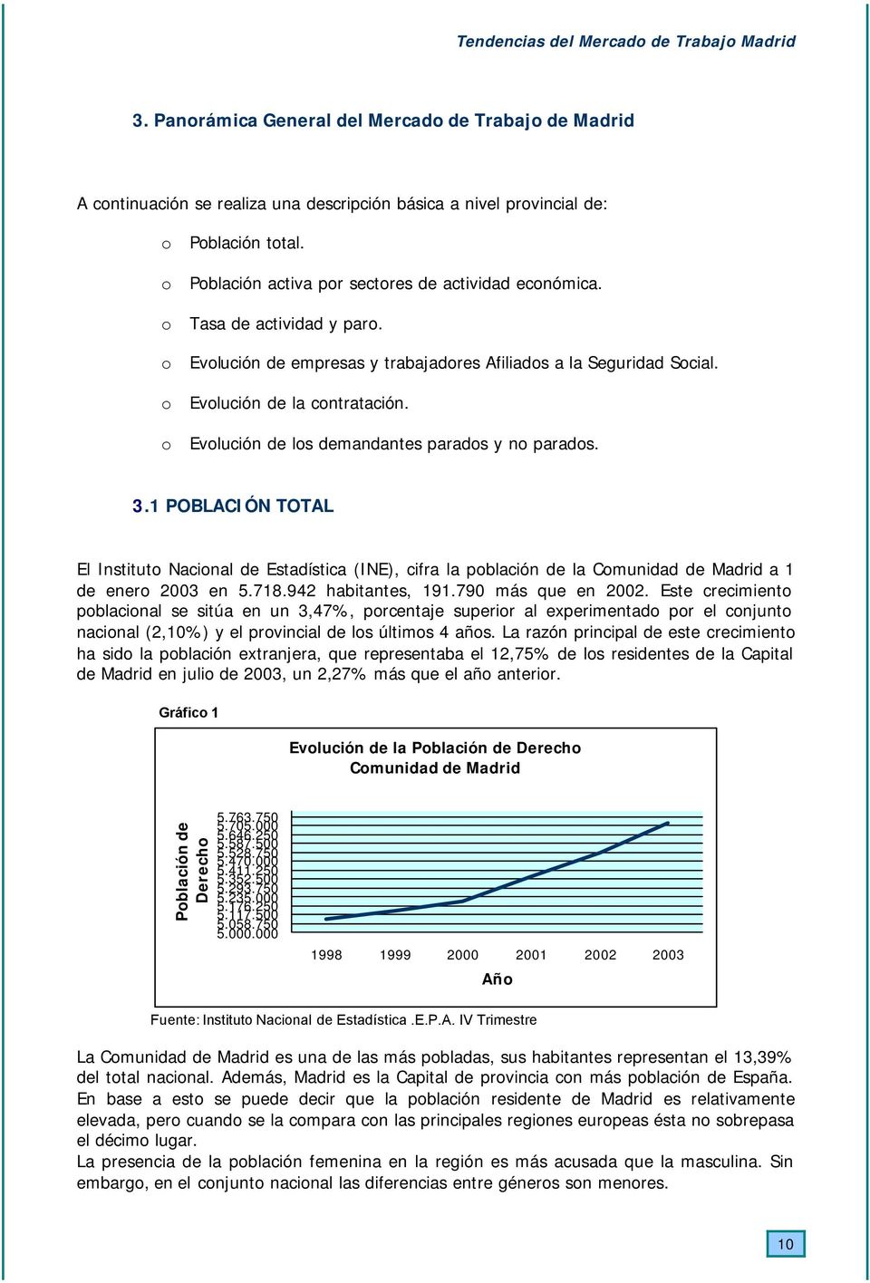 o Evolución de los demandantes parados y no parados. 3.1 POBLACIÓN TOTAL El Instituto Nacional de Estadística (INE), cifra la población de la Comunidad de Madrid a 1 de enero 2003 en 5.718.