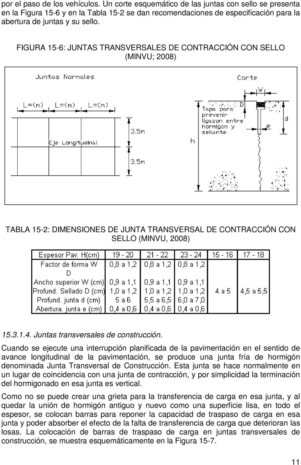 FIGURA 15-6: JUNTAS TRANSVERSALES DE CONTRACCIÓN CON SELLO (MINVU; 2008) TABLA 15-2: DIMENSIONES DE JUNTA TRANSVERSAL DE CONTRACCIÓN CON SELLO (MINVU, 2008) 15.3.1.4.