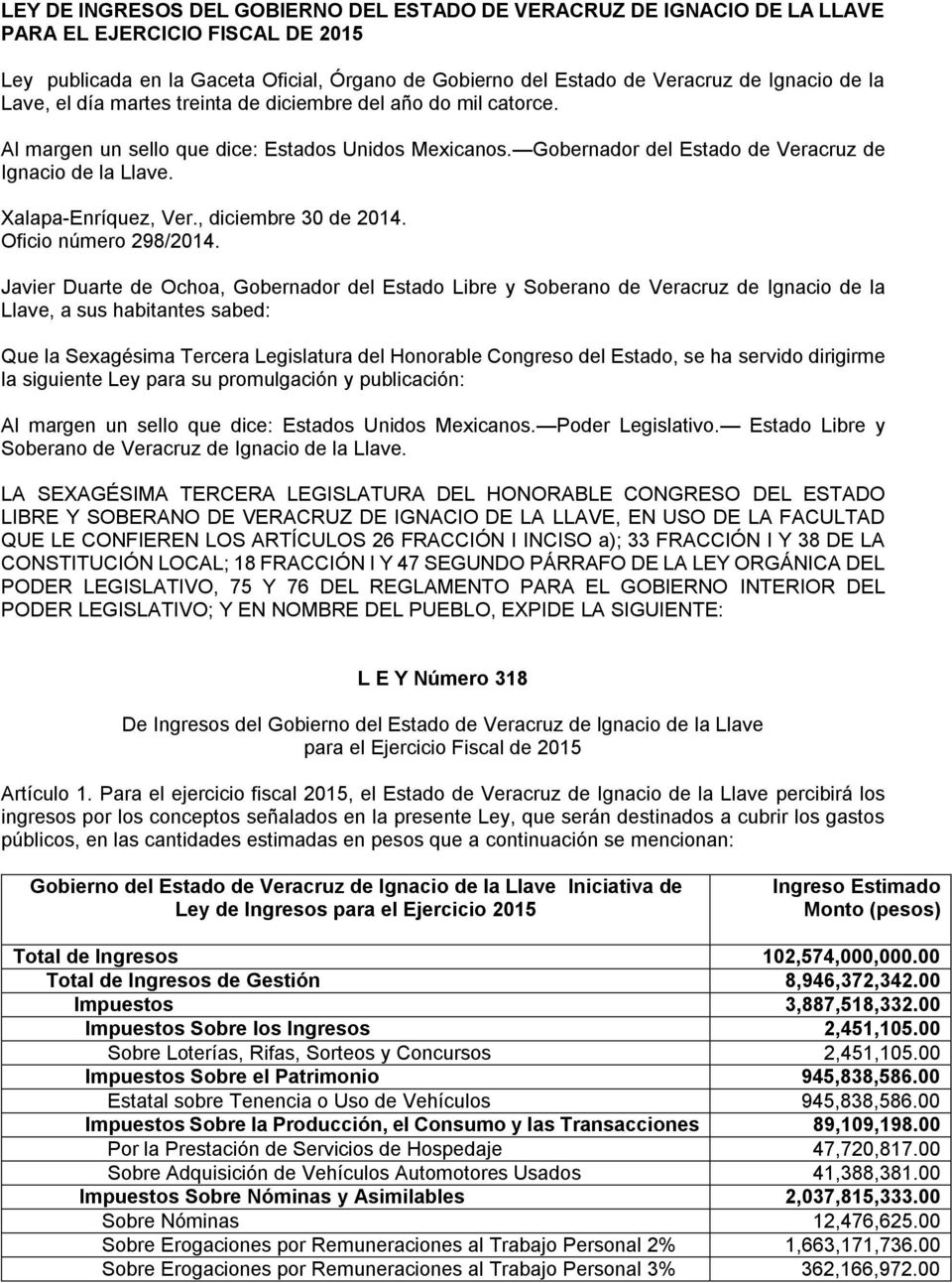 Xalapa-Enríquez, Ver., diciembre 30 de 2014. Oficio número 298/2014.