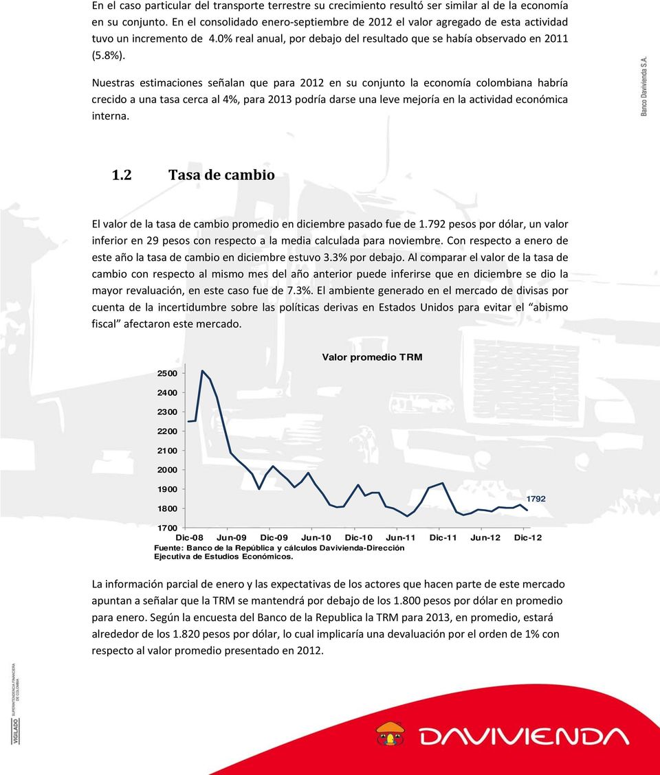 Nuestras estimaciones señalan que para 2012 en su conjunto la economía colombiana habría crecido a una tasa cerca al 4%, para 2013 podría darse una leve mejoría en la actividad económica interna. 1.