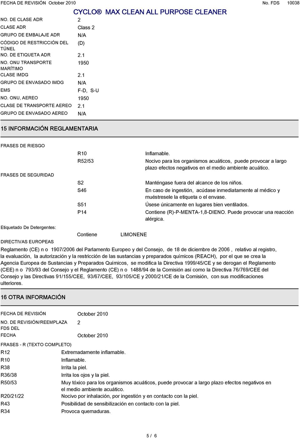 1 N/A 15 INFORMACIÓN REGLAMENTARIA FRASES DE RIESGO FRASES DE SEGURIDAD Etiquetado De Detergentes: DIRECTIVAS EUROPEAS R10 Inflamable.
